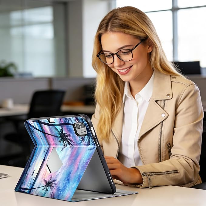 Lokigo Rotating Case for iPad Air 11 M4/M3/M2 (2026/2025/2024) iPad Air 5th/4th Gen (2022/2020) 10.9“ iPad Pro 11” (4th/3rd/2nd/1st) 360 Degree Stand Cover with Pencil Holder Purple Coconut Tree