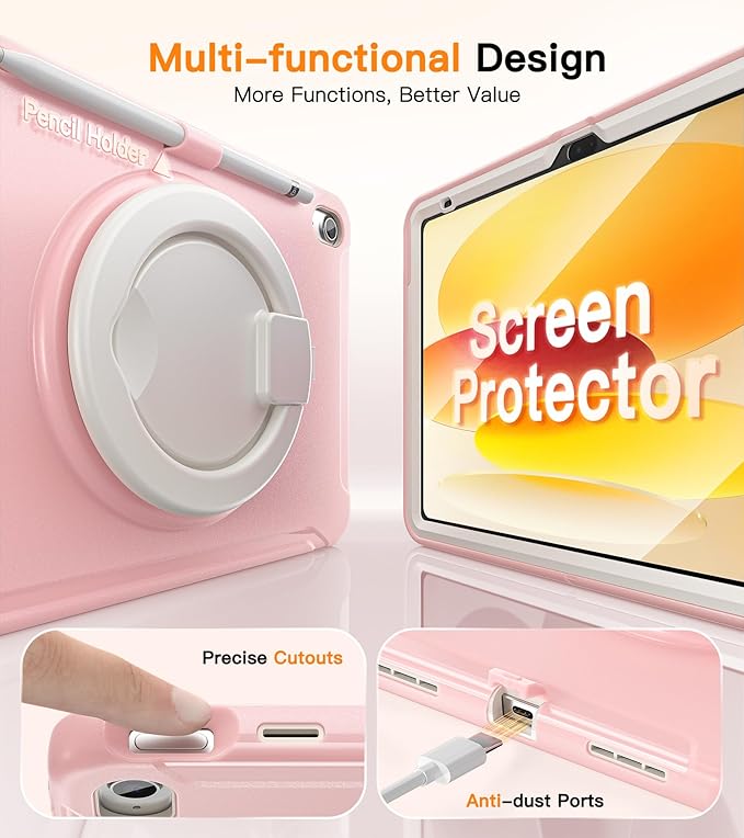 BATYUE Shockproof Case for iPad 10th Gen 10.9 2022 / 11th Gen (A16) 11 2025 | 360° Multi-Angle Stand (Portrait &amp Landscape) &amp Grip Built-in Screen Protector Pencil Holder Pink