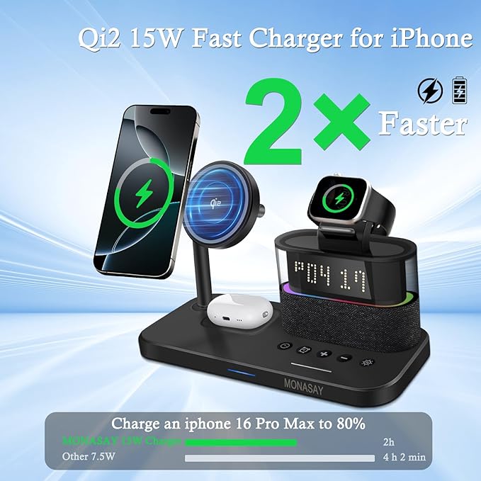 MONASAY Qi2 5 in 1 Wireless Charging Station 23W Wireless Charger with Alarm Clock for Multiple Devices Magnetic Charger Stand for iPhone 17/16/15/14/13 Series and AirPods Apple Watch Series Black