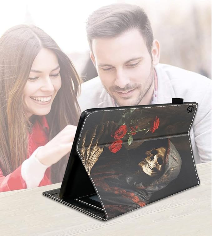 Case for Amazon Kindle Fire 7 Tablet (7 9th/7th Generation 2019/2017 Release) Slim PU Leather Cover with Card Slot &amp Auto Wake/Sleep Skull Rose