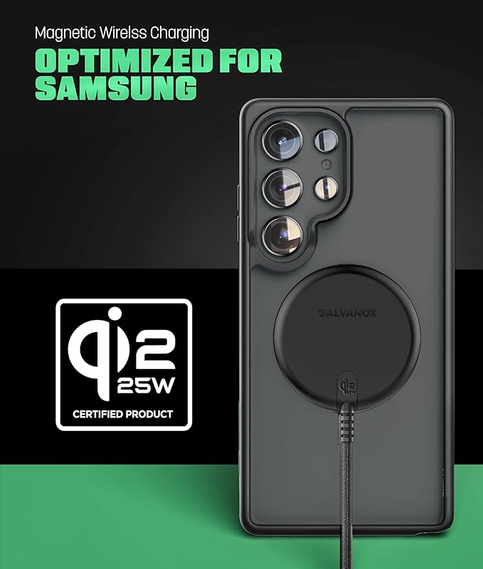 Galvanox Qi2.2 Certified 25W Magnetic Wireless Charger for Samsung (2-Pack) Fast Charging 2.0 for Galaxy S25 S26 Ultra Android and iPhone Models Compatible with MagSafe Black (6Ft)