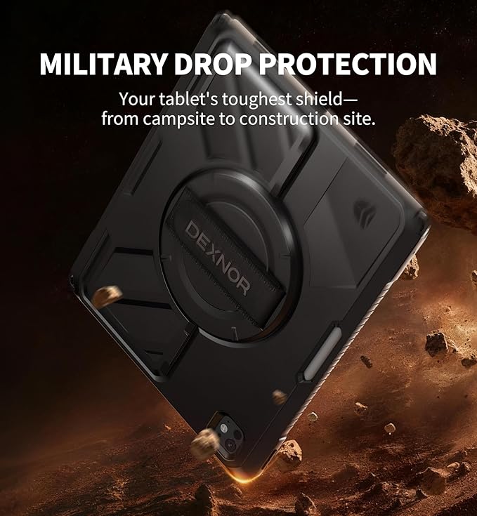 Dexnor for iPad Pro 13 inch Case M4 2024 Rugged Protective Case with 360° Rotating Hand Strap &amp Large Steady Stand &amp Screen Protector &amp Pencil Holder Shockproof Full-Body Bumper CoverBla