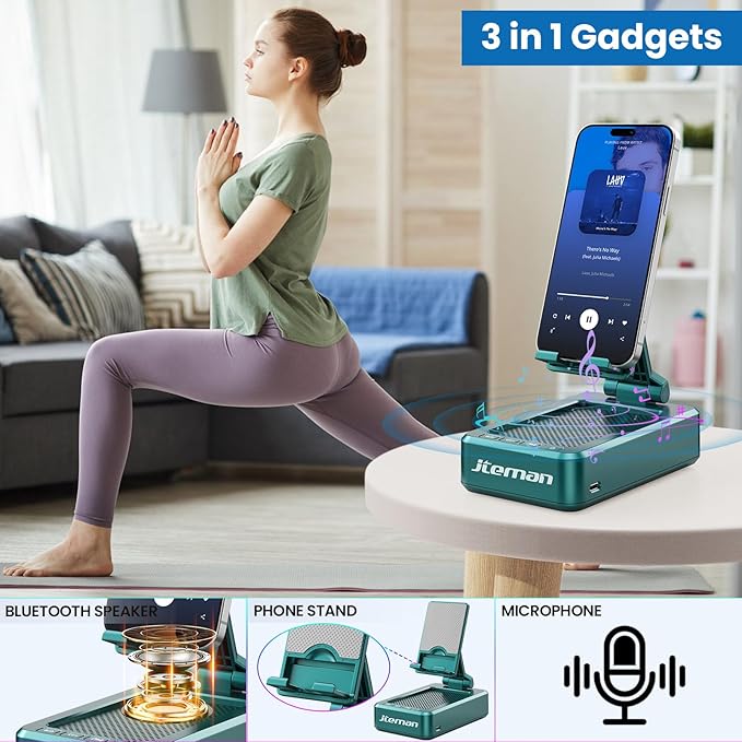 JTEMAN Cell Phone Stand with Wireless Bluetooth SpeakersAngle Adjustable Strong Pedestal Phone Stand for DeskHD Sound and Bass Bluetooth Speaker Compatible with All Mobile Phones(Green)