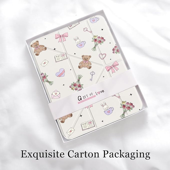Cute Kawaii Bear Bunny for iPad Air 11 Inch Case 7th/6th Generation (M3/M2) 2025/2024 with Pencil Holder Auto Sleep/Wake White Leather Acrylic Back Detachable Cover