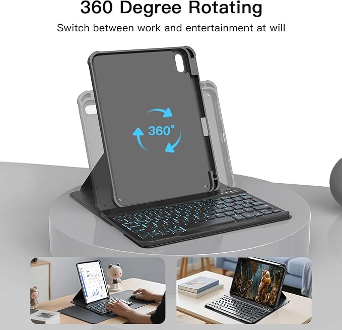 for iPad 11th(A16 2025)/10th Generation Case with Keyboard 360° Rotatable Case &amp Detachable Backlit Keyboard Precision Cutouts and Pen Holder for iPad A16 11''/10th 10.9'' Black
