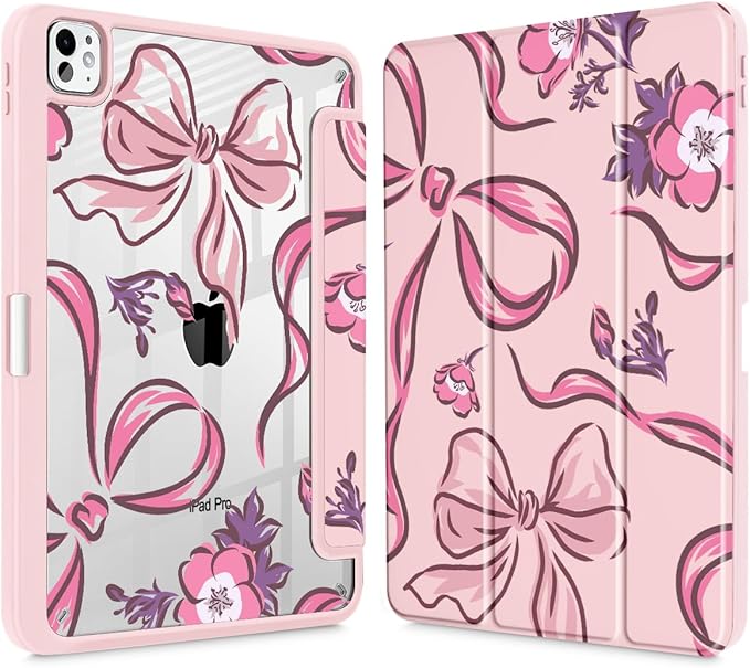 Mektron Case for M5/ M4 iPad Pro 11 inch 2025/2024 with Pencil Holder Compatible Models: A3357/A3358/A3359/A2836/A2837/A3006 Shockproof Cover Clear Shell Flowers-Bows-Pink