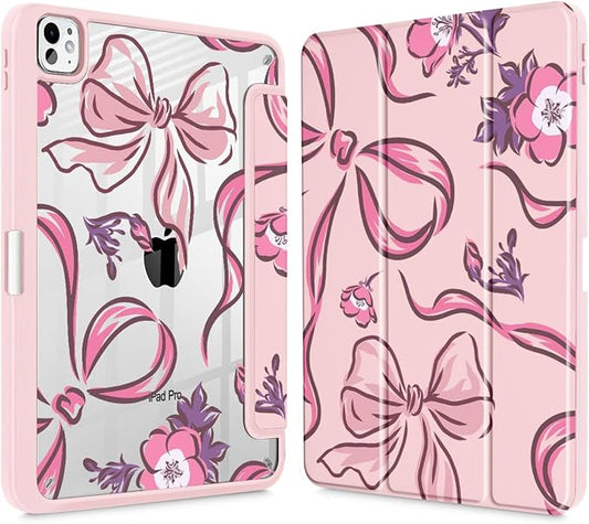 Mektron Case for M5/ M4 iPad Pro 11 inch 2025/2024 with Pencil Holder Compatible Models: A3357/A3358/A3359/A2836/A2837/A3006 Shockproof Cover Clear Shell Flowers-Bows-Pink
