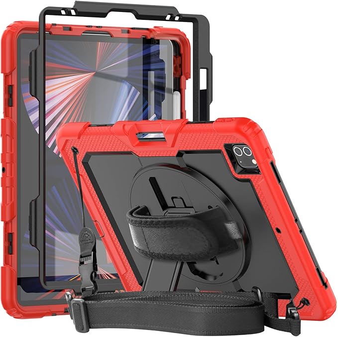 Herize Case Compatible with iPad Pro 12.9 Inch 2022/2021/2020 with Pencil Holder | Heavy Duty Shockproof Rubber Case with Stand Hand Grip Shoulder Strap Screen Protector | Red
