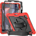 Herize Case Compatible with iPad Pro 12.9 Inch 2022/2021/2020 with Pencil Holder | Heavy Duty Shockproof Rubber Case with Stand Hand Grip Shoulder Strap Screen Protector | Red
