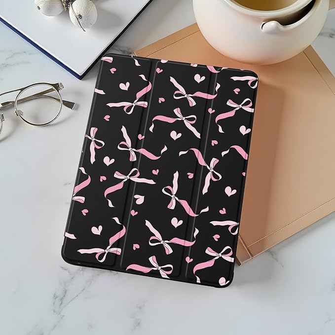 Idocolors Case for iPad 11 inch (A16 Chip) 2025 Generation 11th / iPad 10.9 inch 2022 10th Gen Built-in Pencil Holder with Soft TPU Shockproof Back Shell Auto Wake/Sleep Pink Bow-Black