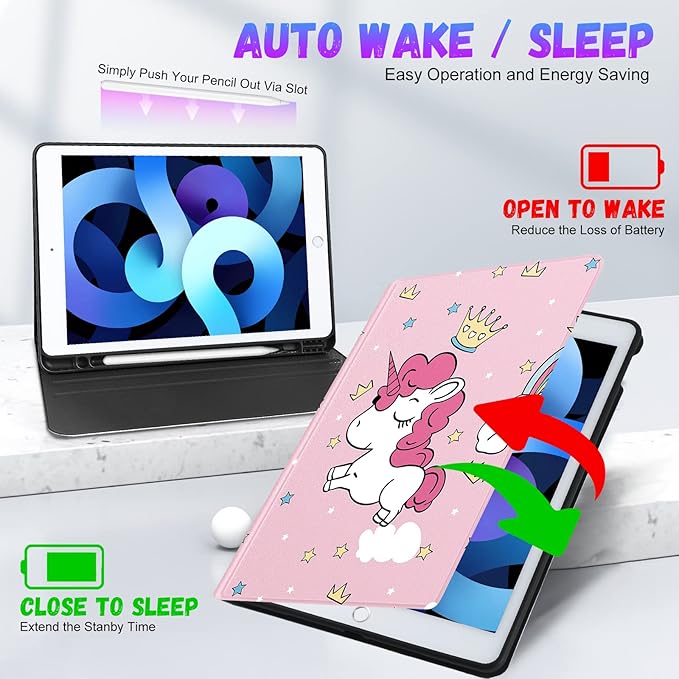for iPad 9th/8th/7th Generation Case 10.2 Inch Girls Cute Kids Women Folio Smart Cover with Pencil Holder Cartoon Design Girly Kawaii Unique Cases for iPad 7/8/9 Gen A2602 A2270 A2197