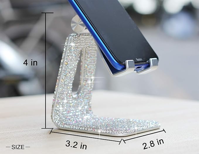 SZ Bling Rhinestone Crystal Adjustable Cell Phone Stand Phone Holder for Desk Phone Desktop Holder Stand Compatible with iPhone IPAD Samsung Smart (Silver)