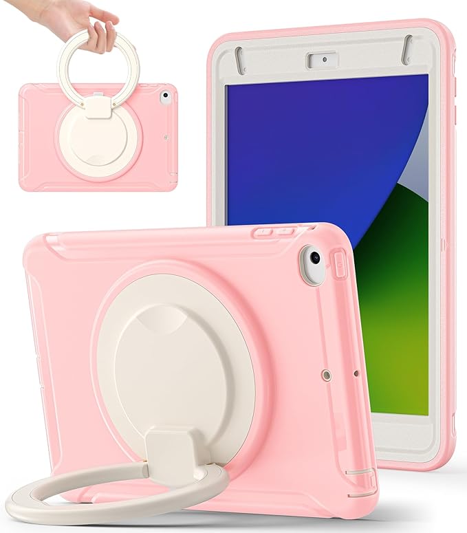 BATYUE Shockproof Case for iPad mini 4/5 (2015/2019) - 360° Multi-Angle Stand (Portrait &amp Landscape) &amp Grip Pencil Holder (Elastic Loop) Multi-Scene for All Ages Pink
