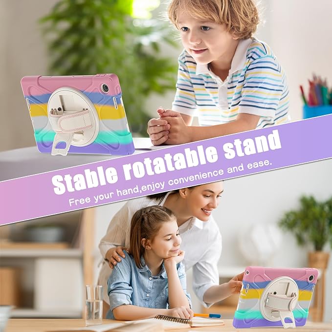 Tablet Case Compatible with Lenovo Tab 10.1(TB-311XU) /K10C TB311FU 2025 Case Protective Heavy Duty Rugged Shockproof Drop Protection Cover Shoulder Strap for Kids Silicone Cover(Pink c)