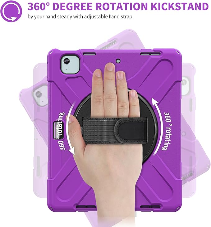 for iPad Air 13-inch M2 (2024) A2898/A2899 for iPad Pro 12.9 Rugged Case Portable Heavy Duty Shock-Proof Armor Cover with Swivel Kickstand/Hand Grip Shoulder Strap Pencil Holder (Purple)