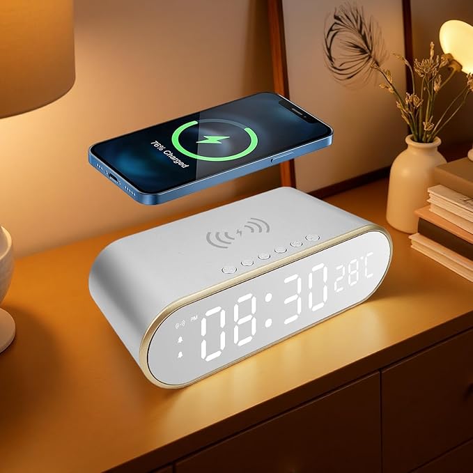 15W Fast Wireless Charging Pad Compatible with Qi-Enabled Phones 5W/7.5W/10W Standard Charging Modes Temperature Display &amp Alarm Clock for Bedside Desk W628 White.
