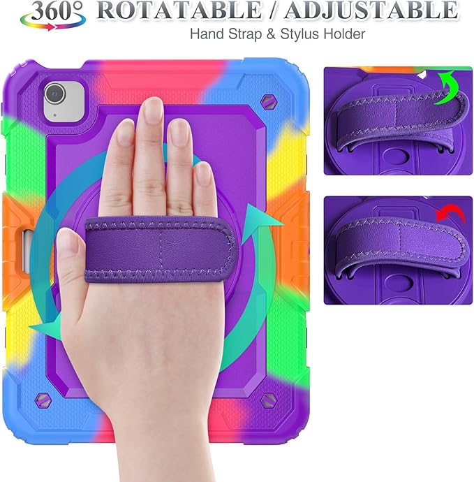 SEYMAC stock Case for iPad Mini 7 (A17 Pro)2024/ Mini 6 8.3'' with Screen Protector Pencil Holder [360 Rotating Hand Strap] &ampStand Drop-Proof Case for iPad Mini 7th/6th Generation 8.3Purple+Colo
