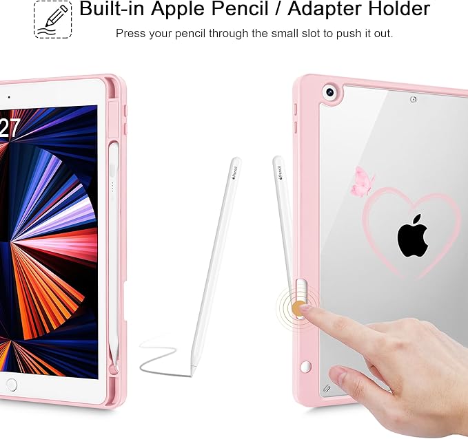 May Chen for iPad 9th Generation with Pencil Holder iPad 8th/7th Gen Case 10.2-inch [Penceil Holder] Trifold Stand Auto Wake/Sleep Clear TPU Protection Back Cover Bow &amp Rose Flower