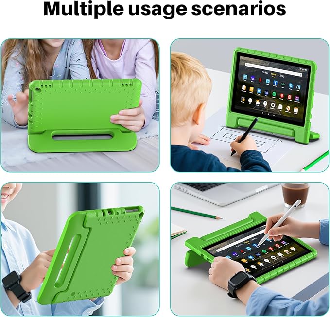 Kids Case for Kindle Fire HD 10 or 10 Plus 13th/11th Generation (2023/2021 Release) Shockproof Lightweight Protective Cover with Portable Handle Stand for Boys Girls Green