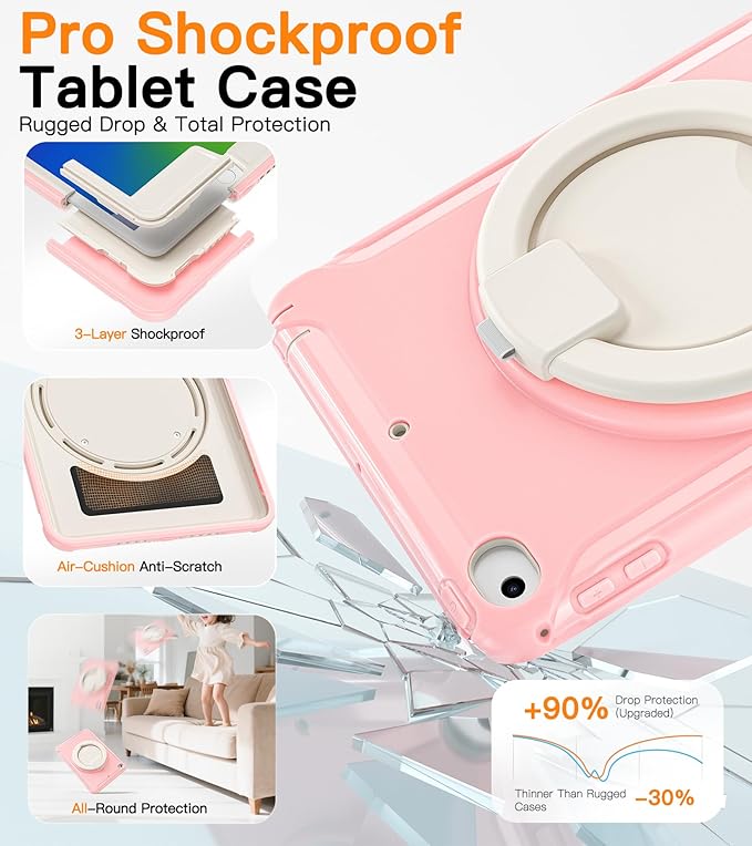 BATYUE Shockproof Case for iPad mini 4/5 (2015/2019) - 360° Multi-Angle Stand (Portrait &amp Landscape) &amp Grip Pencil Holder (Elastic Loop) Multi-Scene for All Ages Pink