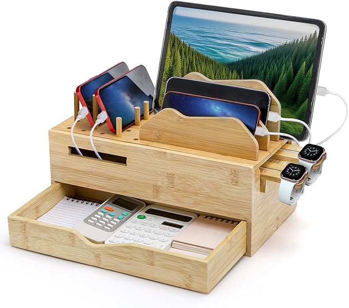 Yopay Family Charging Station with Drawer Bamboo Charging Station for Multiple Devices Cell Phone Docking Stations Organizer for Tablet Laptop Nightstand Bedside Desk Device Charger Organizer
