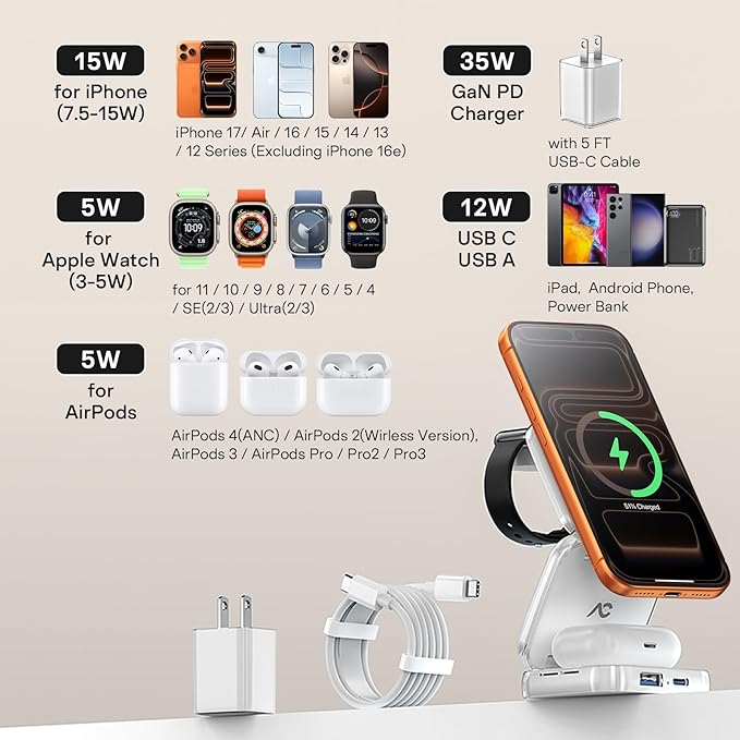 5-in-1 Wireless Charger for MagSafe AC ISLAND Portable Travel Charging Station 35W Max Fast Foldable Magnetic Stand Evolved for iPhone 17-12 &amp Air Series Apple Watch AirPods (with 35W Adapter