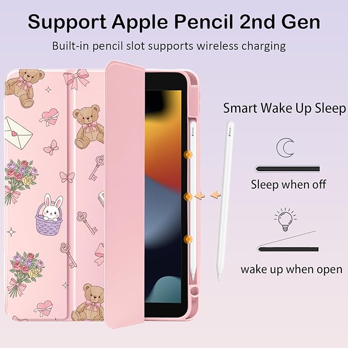 Cute Kawaii Bear Flower Bow for iPad 7th/8th/9th Generation Case 10.2 Inch 2019/2020/2021 with Pencil Holder Auto Sleep/Wake Pink Leather Acrylic Back Cover