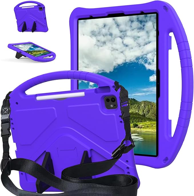 for iPad Air 13 inch M2/M4 Case Kids 2024/2025 for iPad Pro 12.9 inch Case EVA Shockproof Cover with Strap Handle Stand Purple