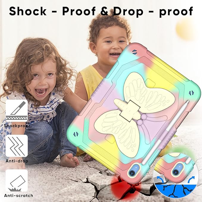 Dteck iPad A16/10th Generation 2025/2022 Case with Kickstand Butterfly Wings Pencil Holder Heavy Duty Hard Rugged Protective Kids Girls Cover for iPad 10th Gen 10.9 Inch 2022Colorful/Rosegold