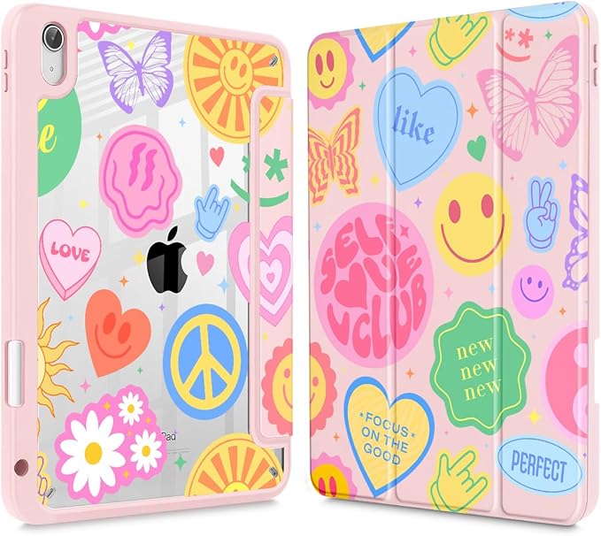 May Chen Case for iPad Air 13 Inch M4 2026 M3 2025 M2 2024 [Built-in Pencil Holder] Shockproof Cover with Clear Transparent Back Shell Auto Sleep/Wake Cover Smile Art
