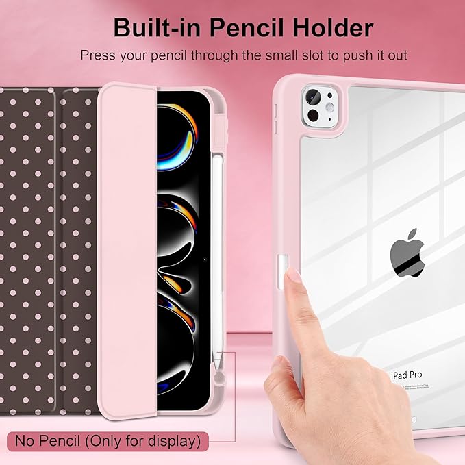 TWOLSKOO Case for iPad Pro 11-inch (M5 2025 / M4 2024) Clear Acrylic Back with TPU Bumper Pencil Holder Trifold Stand Auto Sleep/Wake Chocolate Polka Dot