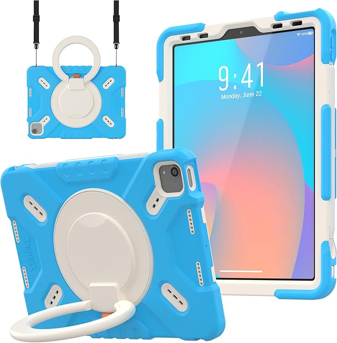 Pepkoo Triple Shockproof Case for iPad Air 5th/4th Generation 10.9 inch 2022/2020 and iPad Pro 11 Case 2022 2021 2020 2018 Gen Kids Boy Girl Cover with Kickstand &amp Shoulder Strap (Blue)