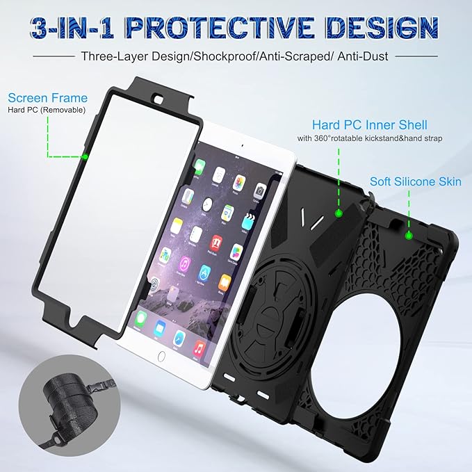 BRAECNstock for Apple iPad Air 2 (2nd Generation) Case 9.7 inch 2014 Shockproof Protective iPad Air 2 Covers and Cases with Pencil Holder Rotating Stand+Hand Strap Shoulder Strap Black