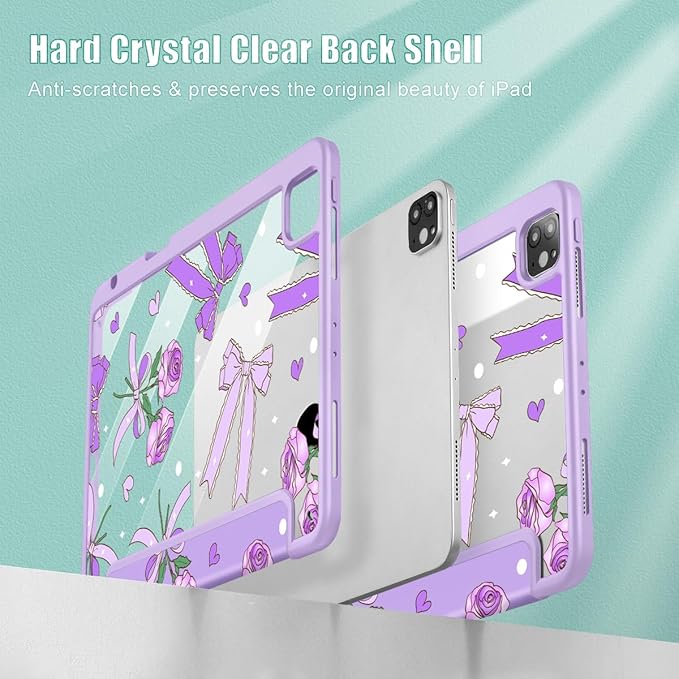 Tuiklol for iPad Pro 11 Inch Case M2 2022 Gen 4th -Built-in Pencil Holder Shockproof Cover Clear Transparent Back Shell Fit for iPad 11’’ 2021 2020 2018 Gen 3rd/2nd/1st for KidBow &amp Rose Purple