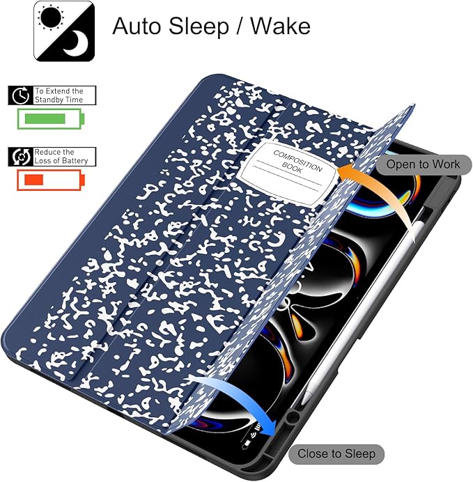 Soke Case for New iPad Pro 13 Inch (M5/M4 2025/2024 Release) with Pencil Holder Trifold Stand Shockproof [Support Apple Pencil Charging + Auto Wake/Sleep] Soft TPU Back Cover Book Navy