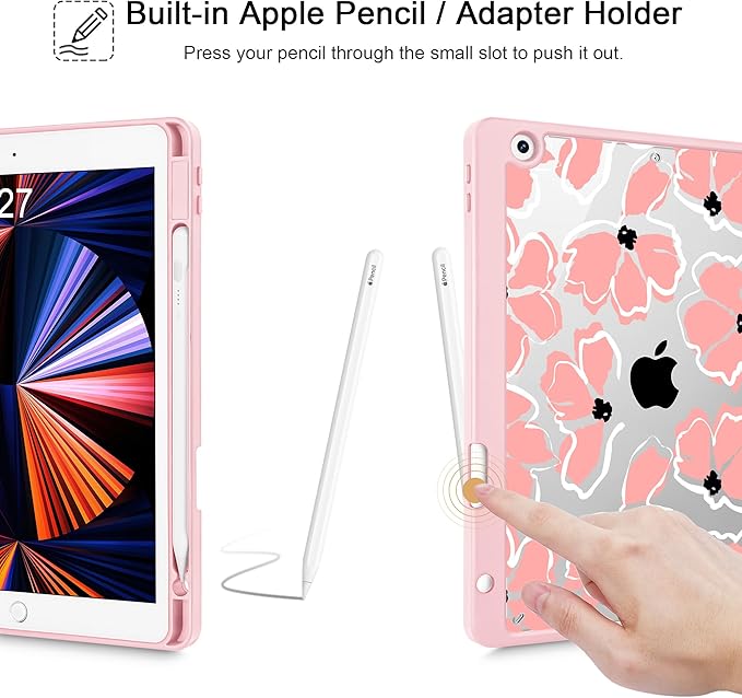 Case for iPad 9th/ 8th/ 7th Generation 10.2-Inch Case(2021/2020/2019 Release) [Built in Pencil Holder] Trifold Stand Auto Wake/Sleep Clear TPU Protection Back Cover Hand Drawn Flowers