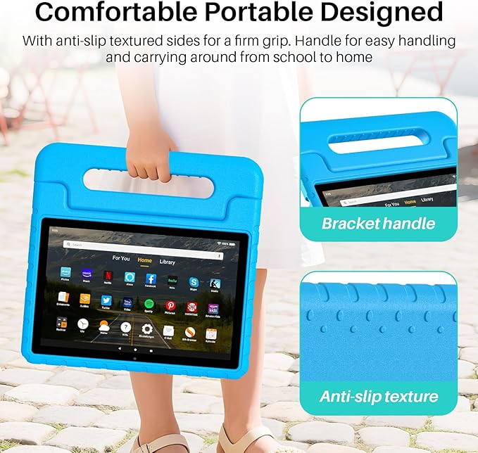 Kids Case for Kindle Fire HD 10 or 10 Plus 13th/11th Generation (2023/2021 Release) Shockproof Lightweight Protective Cover with Portable Handle Stand for Boys Girls Blue