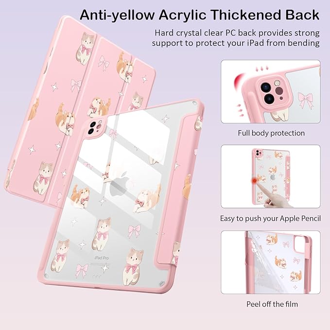 Cute Kawaii Kitten Bow for iPad (A16) 11th Generation Case 11 Inch 2025 for iPad 10th Gen Case 10.9 Inch 2022 with Pencil Holder Auto Sleep/Wake Pink Leather Clear Acrylic Back Cover