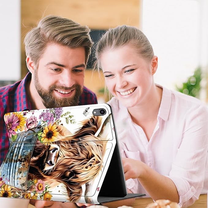 Case for iPad Air (A16) 11-inch 2025 &amp iPad 10th Gen 10.9-inch 2022 Slim Multi-Angle Stand Folio Cover with Auto Wake/Sleep Shockproof PU Leather Lightweight Protective Case Highland Cow Bucket