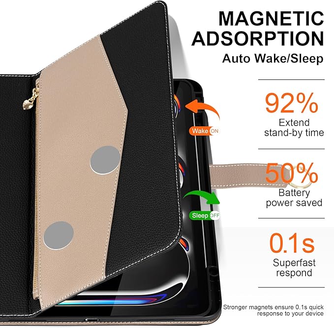 for iPad Pro 13 inch M4 Case 2024 Premium Microfiber Leather Protective Cover with Zipper Pocket Auto Wake/Sleep Multi-Angle Stand Pencil Holder for Model A2925 A2926 A3007 (Black/Grey)