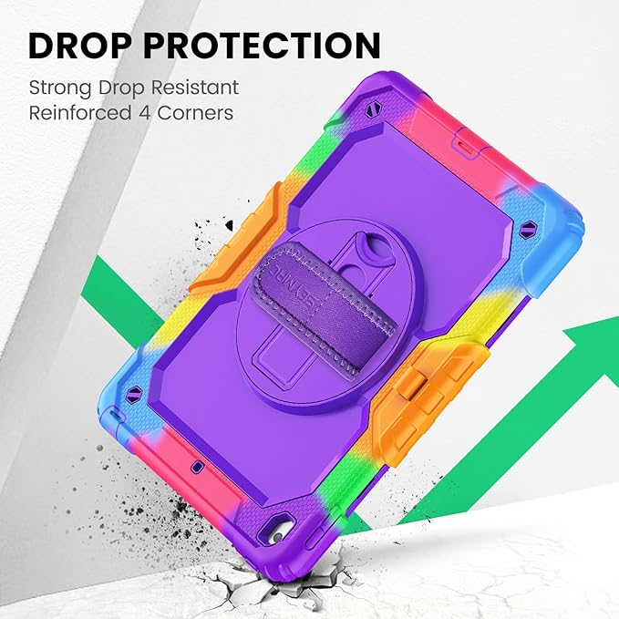 SEYMAC Kids Case for iPad 9th/8th/7th Generation 10.2 Inch with Screen Protector Rotatable Hand Strap/Stand Shoulder Strap Shockproof Heavy Duty Protective Case for iPad 10.2 Colorful Purple