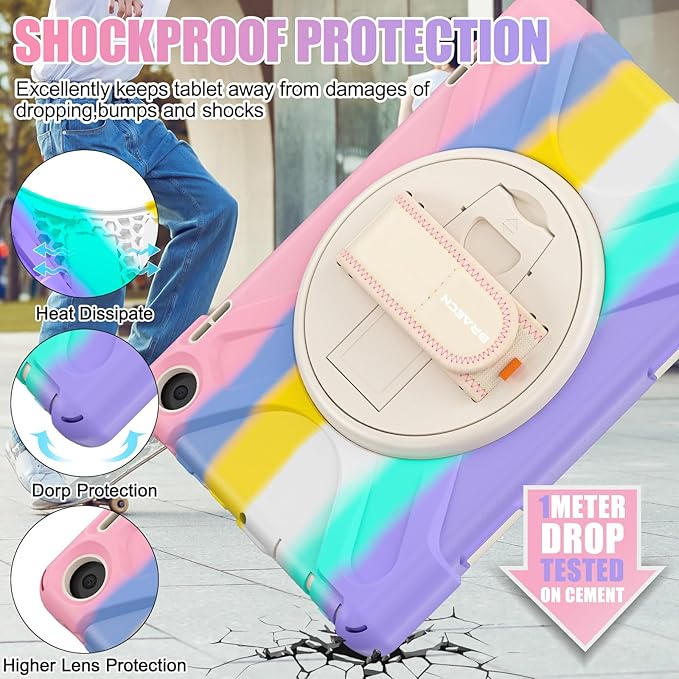 BRAECNstock Kids Case for Amazon Fire HD 8 Tablet 12th Generation 2024/2022 8 inch with Rotating Hand Strap + Stand Shouler Strap Pen Holder Shockproof Protective Kindle Fire HD 8 Case - Colorful Pink