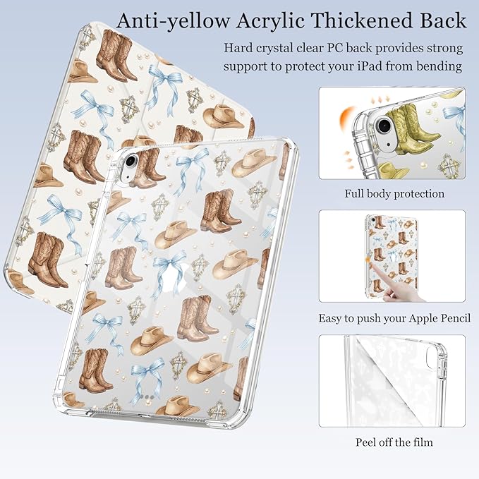 Cute Western Cowboy Bow for iPad Air5/Air4 Case with Pencil Holder Auto Sleep/Wake White Leather Acrylic Back Detachable Cover for iPad 10.9 Inch 2022/2020