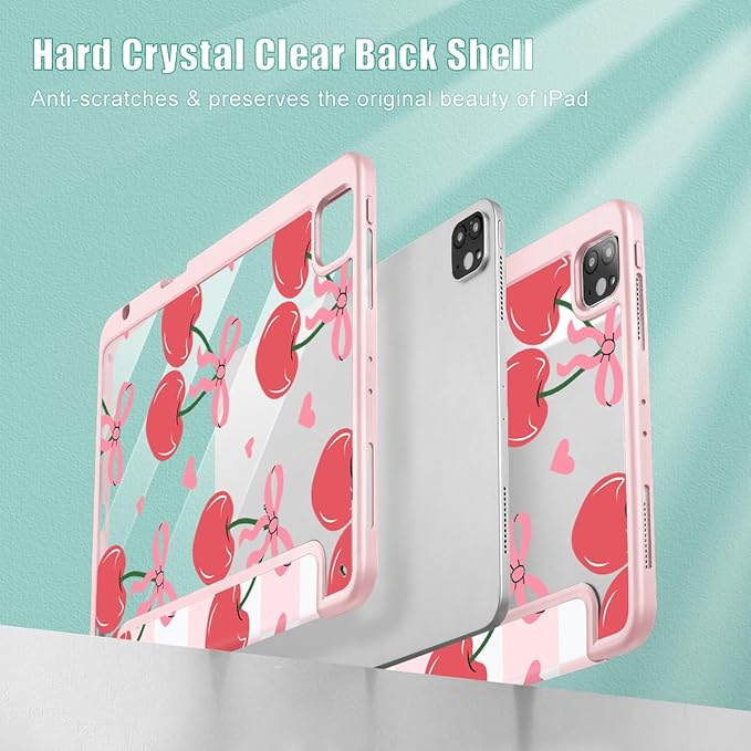 Mektron Case for iPad Pro 11 inch (4th 3rd 2nd &amp 1st Gen) 2022 2021 2020 2018 Buit in Pencil Holder with Shockproof Cover Clear Shell + Trifold Stand + Auto Wake/Sleep Cherries Bows C353