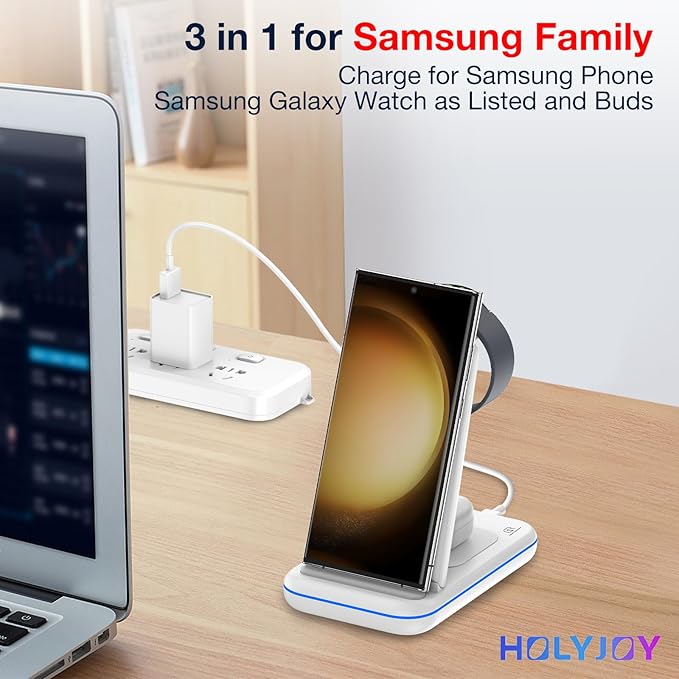 Wireless Charger for Samsung/Android HOLYJOY Foldable 3 in 1 Fast Charging Station/Stand/Multi Charger for Samsung S25 Ultra/S24/Note 20Travel Pad for Galaxy Watch 8/7/6/5/4/Active 2For Buds(Ivory)