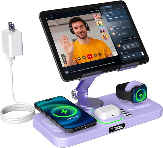 6 in 1 Wireless Charger for Apple Multiple Devices Charging Station with Clock &amp7 Color Ambient Light Foldable Rotate Stand for iPad for iPhone17/16/15 Support for Apple Watch11/10 for AirPods