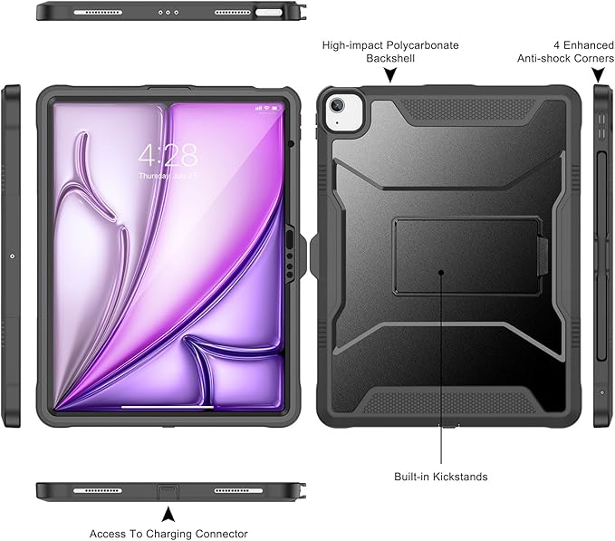 Soke Case for iPad Air 13-Inch M4 2026 M3 2025 &amp M2 2024with Built-in Screen Protector and Kickstand Rugged Full-Body Heavy Duty Protective Cover for Apple iPad Air 13 - Black