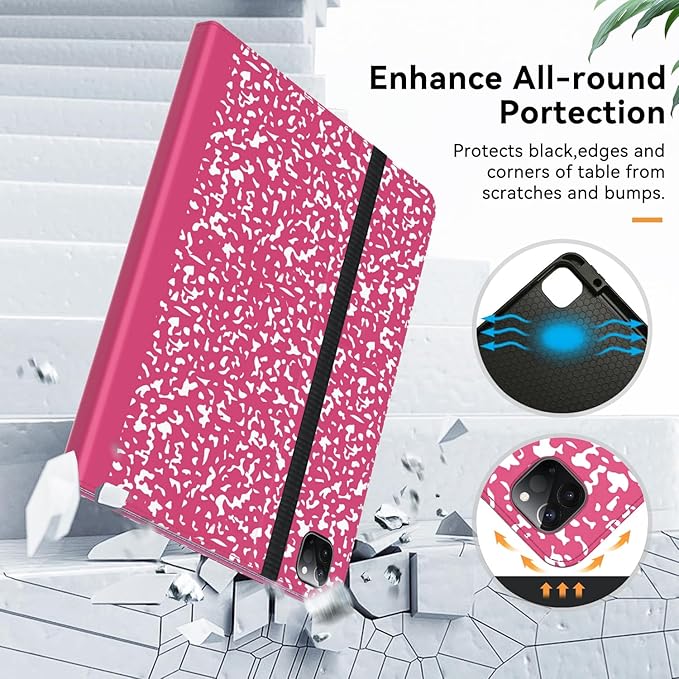 Case for New iPad Pro 12.9 inch 6th/5th/4th/3rd Generation 2022/2021/2020/2018 12.9'' ipad Pro Leather Cover 6/5/4/3 Gen with Pencil Holder Auto Wake/Sleep Composition Book Pink
