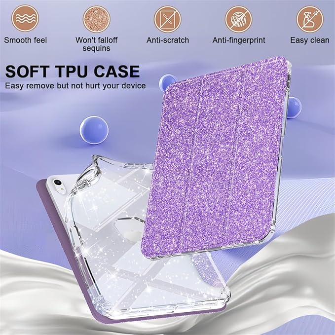 Case for iPad (A16) 11th Generation 11 inch 2025 &amp iPad 10th Generation 10.9 inch 2022 with Stand/Pencil Holder [Auto Wake/Sleep] Glitter Bling PU Leather &amp Clear Soft TPU Back Shell Purple