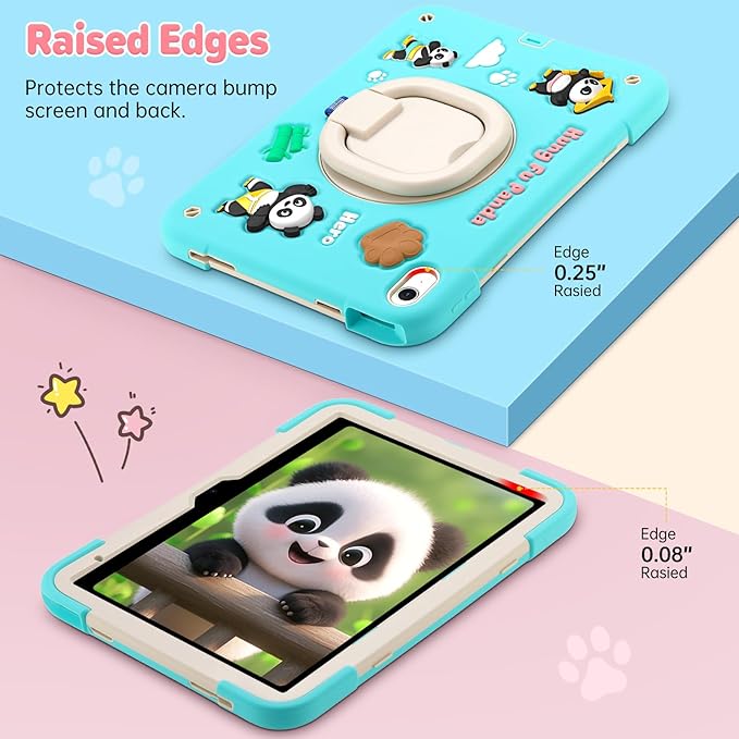 for iPad (A16) 11th Generation Case Kids iPad 10th Generation with Screen Protector Rugged Protective Cartoon 3D Panda Warrior Cover with Rotating Stand/Strap/Pen Slot for Kids Teens (Mint+White)